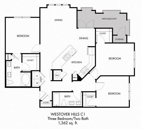 Floor plan for 3 beds, 2 baths, 1362 sqft
